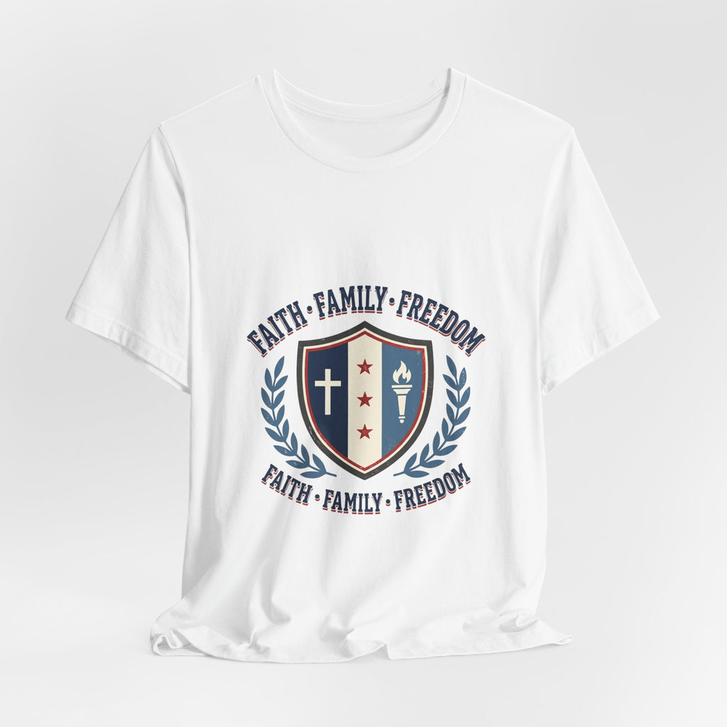 Faith • Family • Freedom Shield Tee | Patriotic, Faith-Based July 4th Vintage Americana