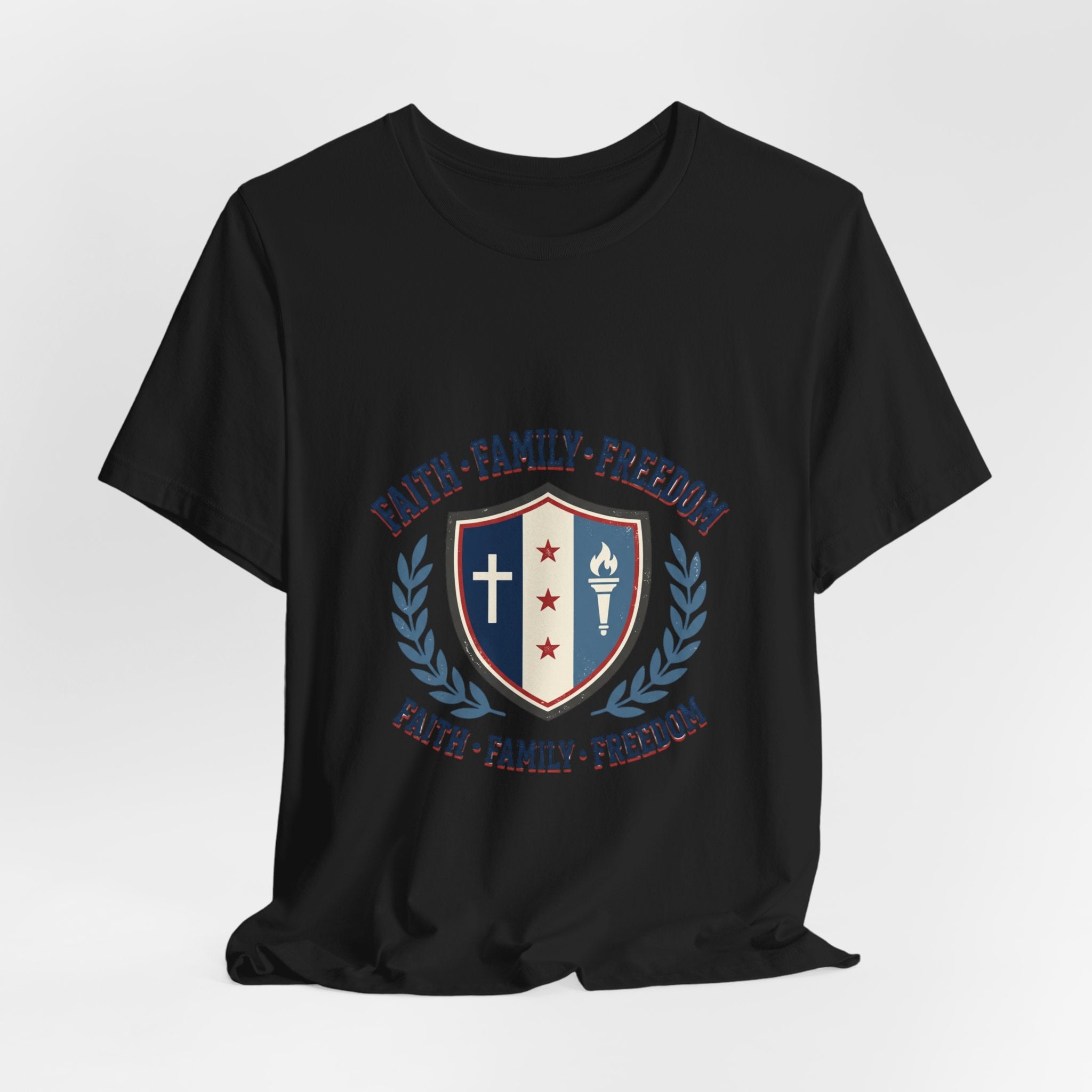 Faith • Family • Freedom Shield Tee | Patriotic, Faith-Based July 4th Vintage Americana