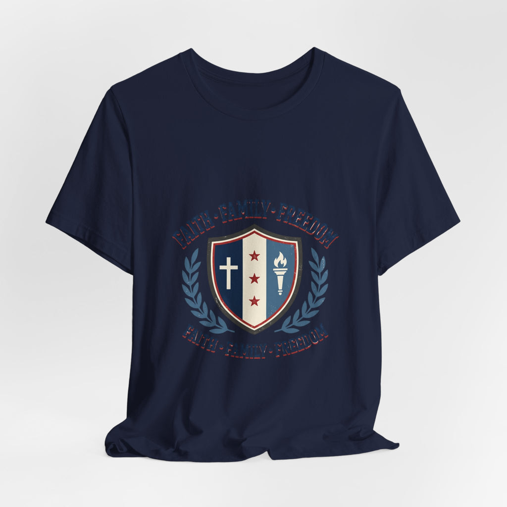 Faith • Family • Freedom Shield Tee | Patriotic, Faith-Based July 4th Vintage Americana