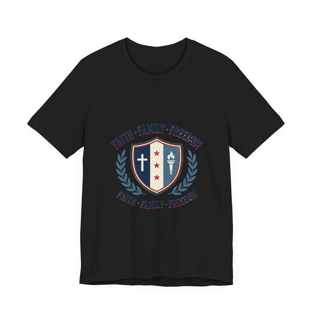 Faith • Family • Freedom Shield Tee | Patriotic, Faith-Based July 4th Vintage Americana