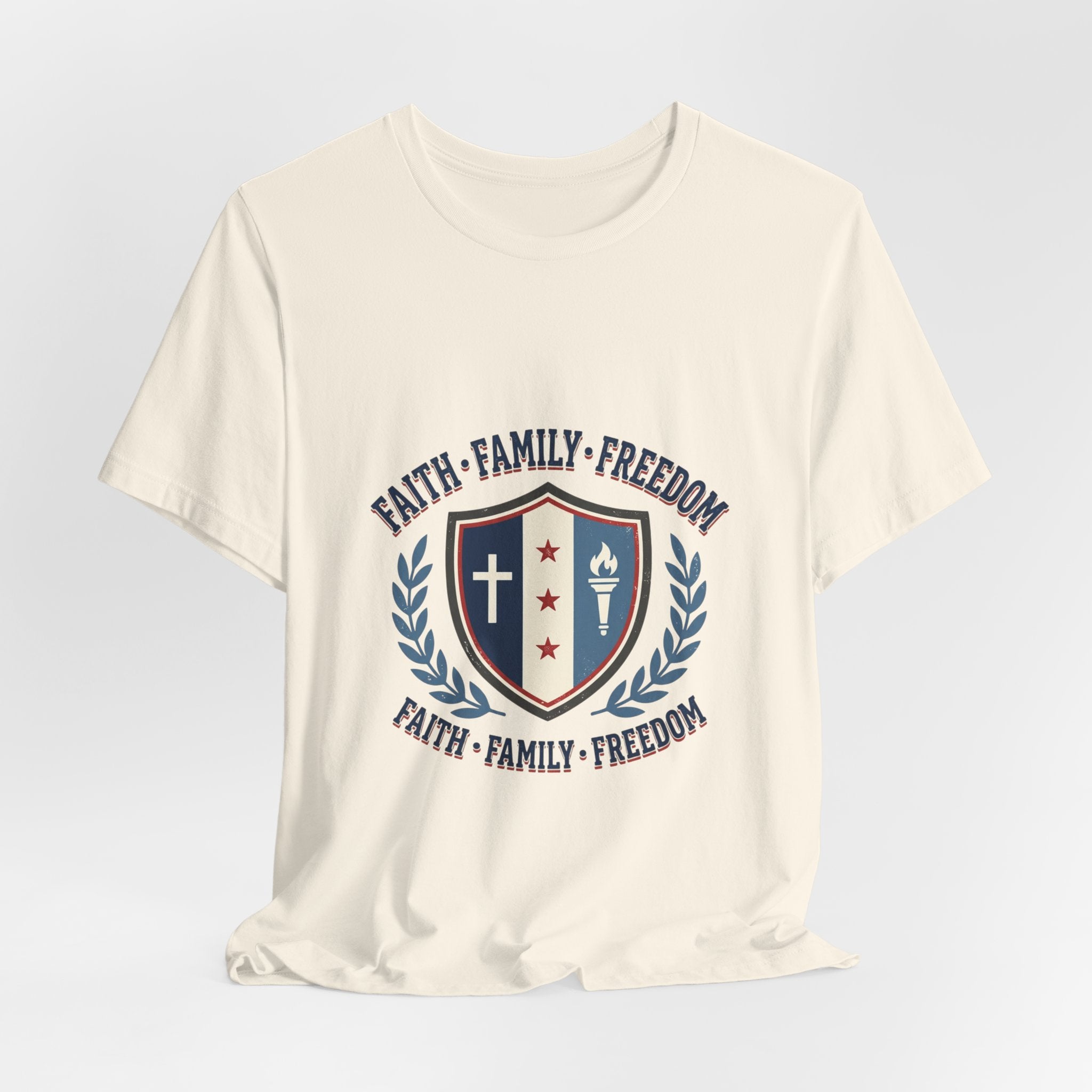 Faith • Family • Freedom Shield Tee | Patriotic, Faith-Based July 4th Vintage Americana
