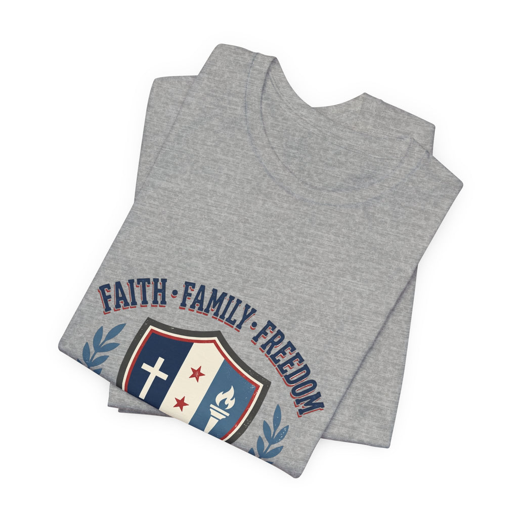 Faith • Family • Freedom Shield Tee | Patriotic, Faith-Based July 4th Vintage Americana