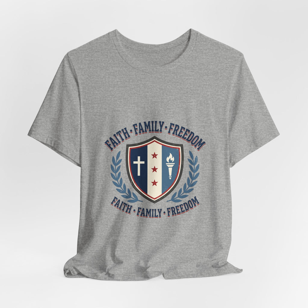 Faith • Family • Freedom Shield Tee | Patriotic, Faith-Based July 4th Vintage Americana