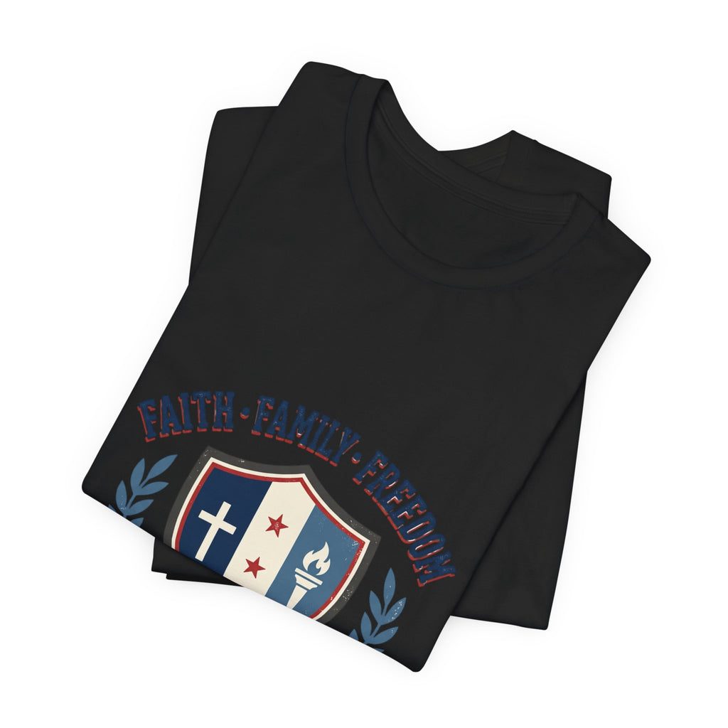 Faith • Family • Freedom Shield Tee | Patriotic, Faith-Based July 4th Vintage Americana