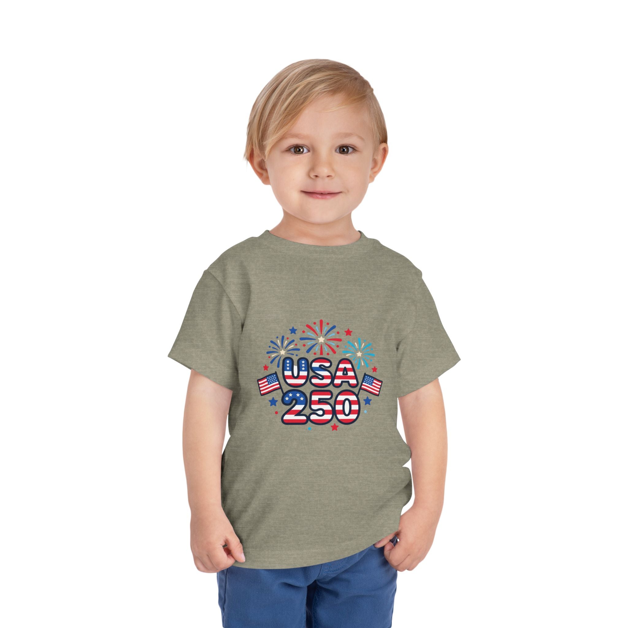 USA 250 Toddler Tee — Patriotic 4th of July Fireworks Shirt