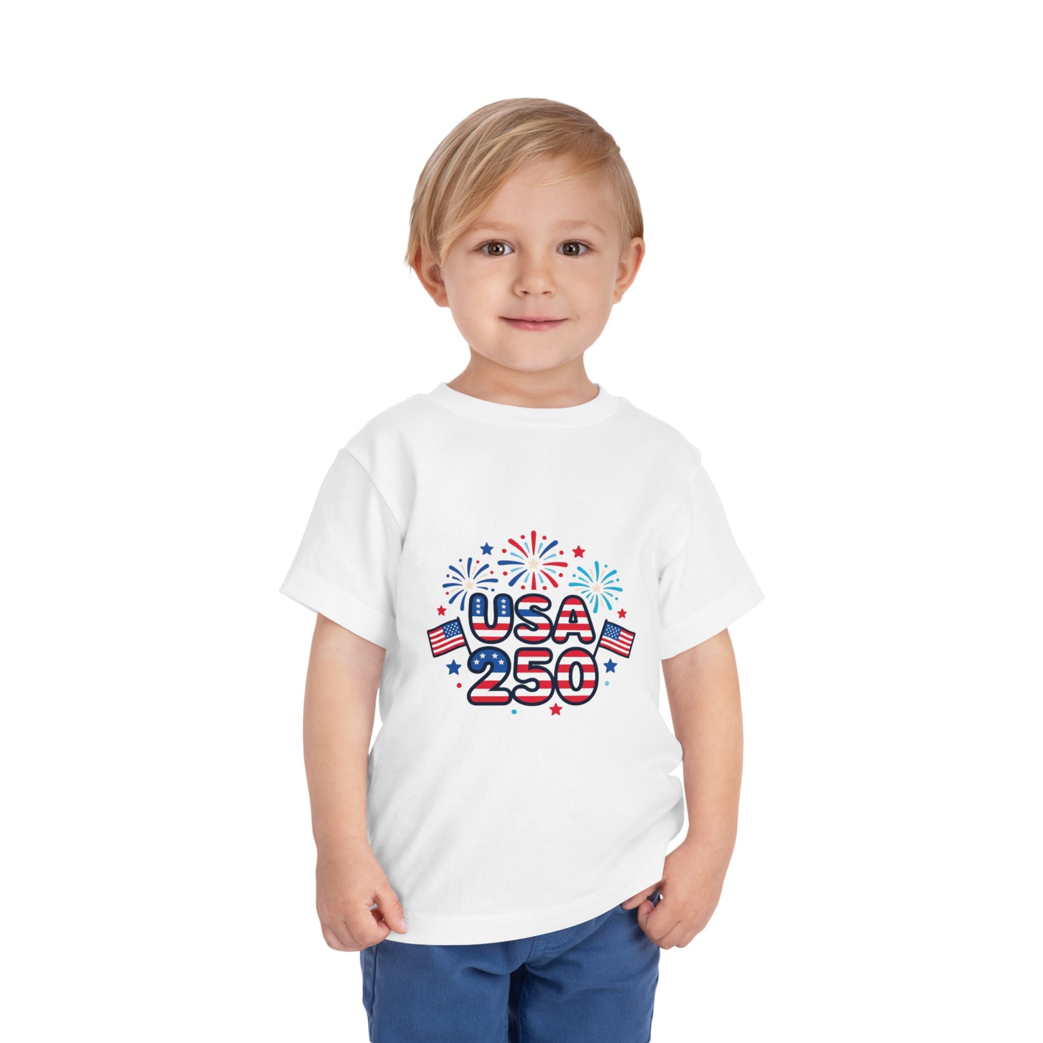 USA 250 Toddler Tee — Patriotic 4th of July Fireworks Shirt